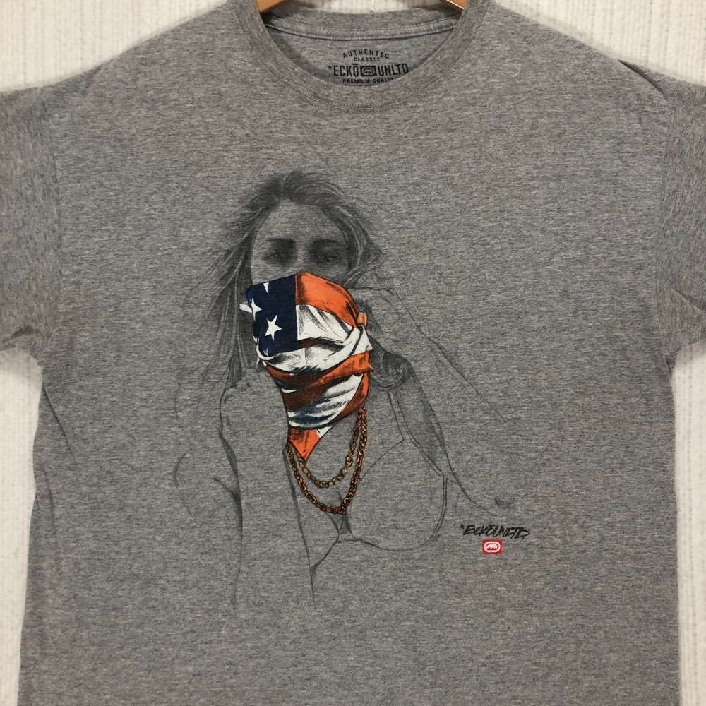 Ecko Unltd Mens Graphic T‎ Shirt Large Grey USA Flag Bandana Girl Print Tee